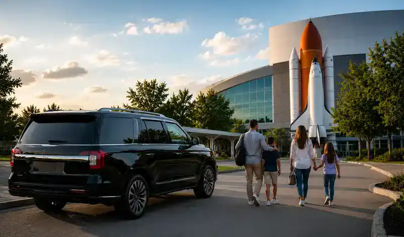 Family arriving at Space Center Houston in a luxury SUV for a stress-free NASA visitor experience and space exploration.